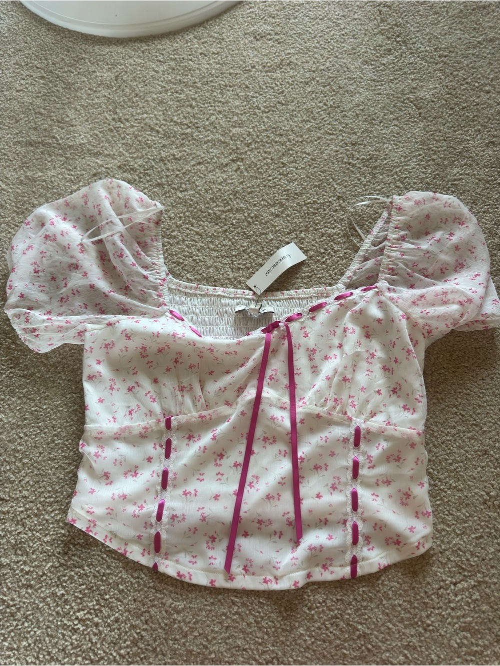 Francesca's Collections White Crop Top with Pink Floral Print